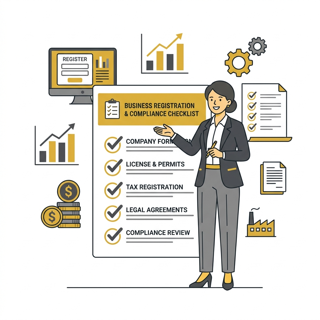 Illustrative checklist and graph showing business progress with startup consultants